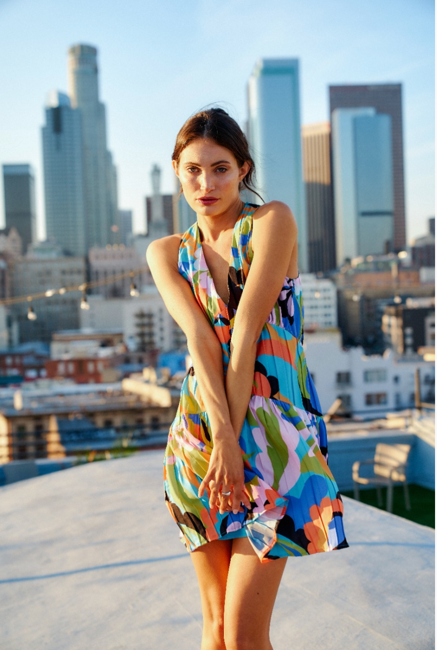 Printed Pleated Halter Mini Dress